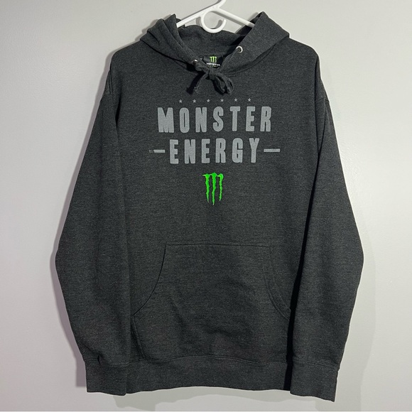 Monster Energy Drink Gray Green Logo Pullover Sweatshirt Hoodie Mens Large L - Picture 1 of 7